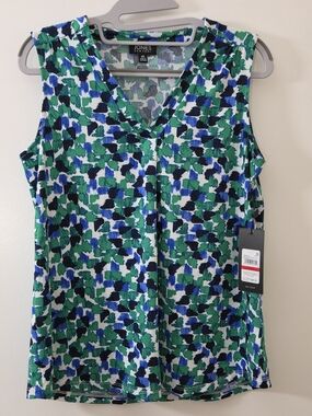 Jones New York Green & Blue Printed V-Neck Sleeveless Top
